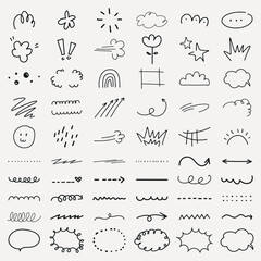 Collection of hand-drawn doodles, featuring clouds, arrows, and stars. Includes playful lines, shapes, and symbols. Perfect for creative projects and designs. Hand drawn social media icons, vector set