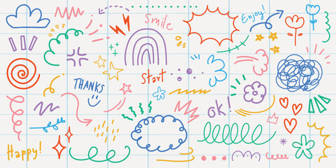 Colorful doodles with rainbows, stars, and clouds. Playful sketches include smiley faces, hearts, and swirls. Vibrant doodles for creative projects. Colorful typography vector set.