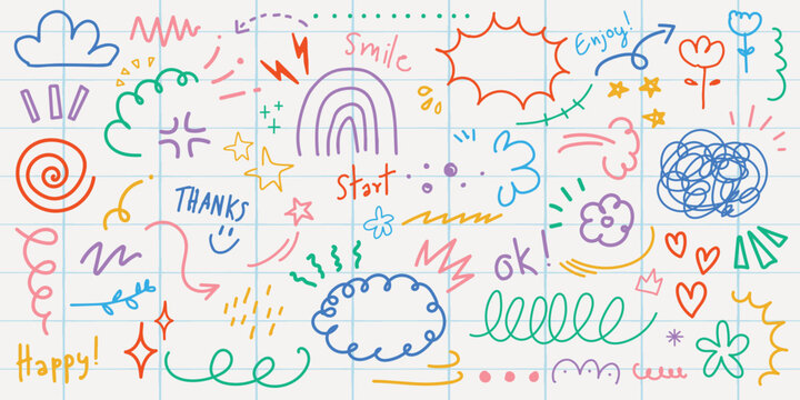 Colorful doodles with rainbows, stars, and clouds. Playful sketches include smiley faces, hearts, and swirls. Vibrant doodles for creative projects. Colorful typography vector set.
