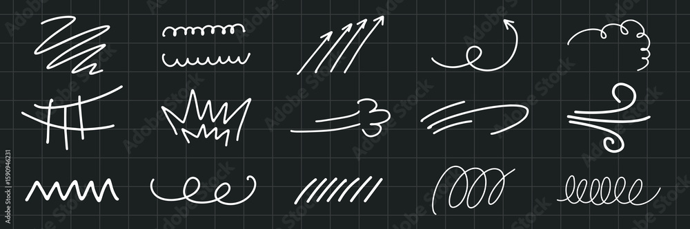 Poster collection of white doodle arrows and squiggles on a black grid background. arrows and squiggles in 