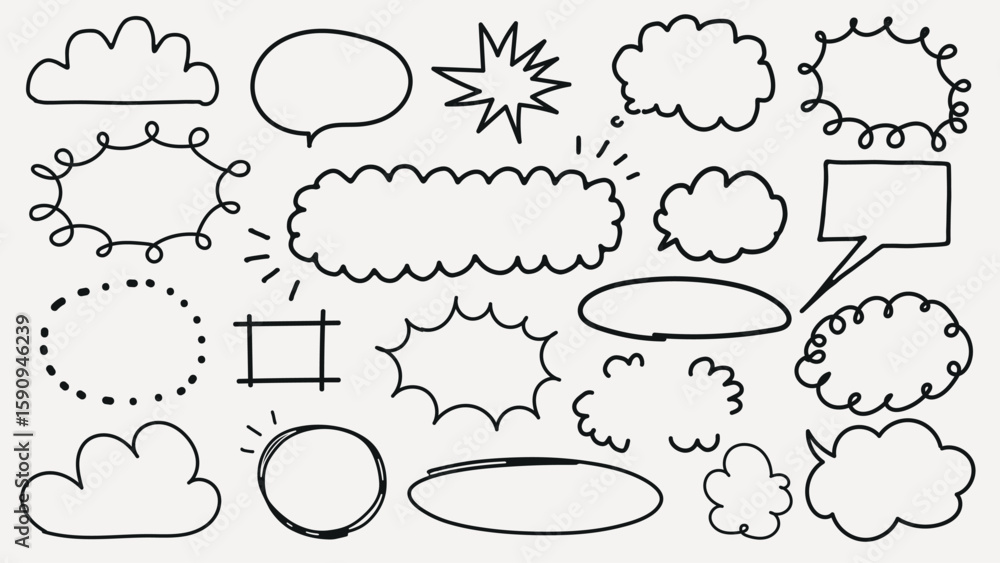 Poster collection of hand-drawn speech bubbles and clouds. speech bubbles in various shapes. clouds and spe
