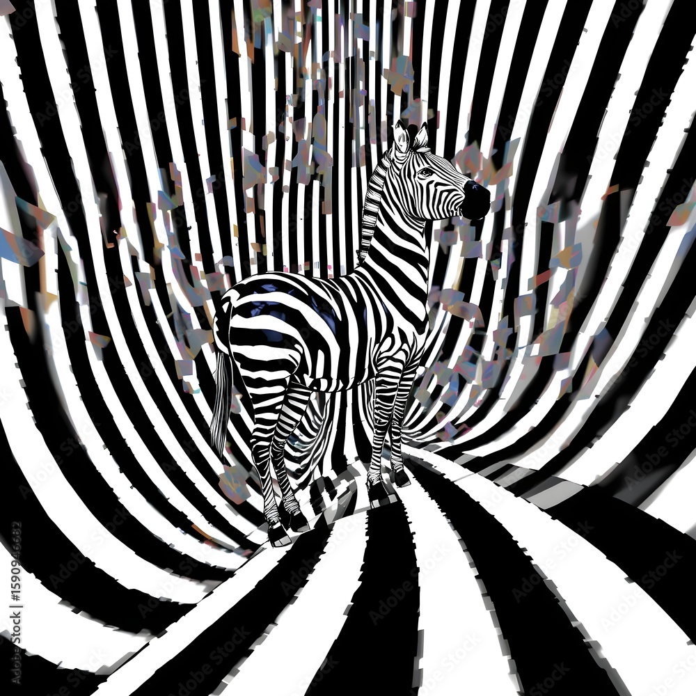 Fototapete A zebra standing in a black and white striped tunnel with abstract geometric shapes above the zebra