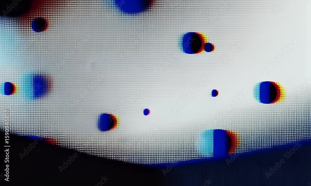 Poster vhs screen grab of an abstract video showing a few small blue spheres floating in space,