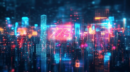 Neon cityscape digital transformation, data flow, future tech, website banner