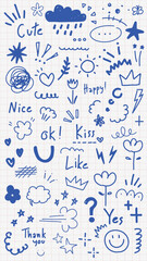 Blue doodles on grid paper, featuring hearts, stars, clouds, and smiley faces. Playful and cute, these doodles add a fun, happy vibe. Doodles for joy! Colorful typography vector set.