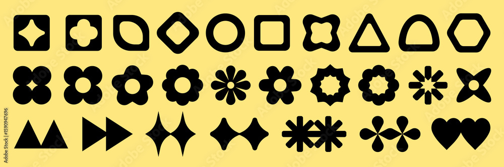 Aufkleber a collection of black geometric shapes on a yellow background. shapes include stars, triangles, and 