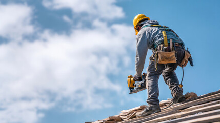 Worker standing on steel roof truss using pneumatic nail gun, installing heavy roof tiles, suburban home under construction, blue sky, tools and harness clearly shown