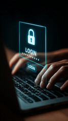 Professional hands typing on a sleek, dark laptop, with a minimalist, glowing blue holographic login interface floating just above the keyboard. A large, centered lock icon and a solid blue "LOG IN" 