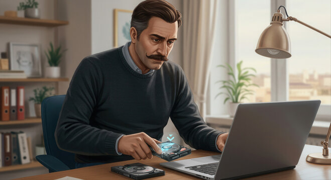 man encrypting hard drive. Male working on laptop while analyzing data at home office desk  