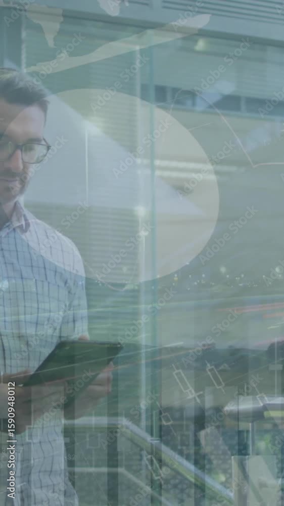 Poster animation of data processing and diagrams over caucasian colleagues discussing work