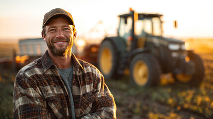 Young smiling farm worker wearing plaid shirt and cap, standing proudly in open farmland with a modern tractor behind, soft golden sunlight casting warm glow on the field