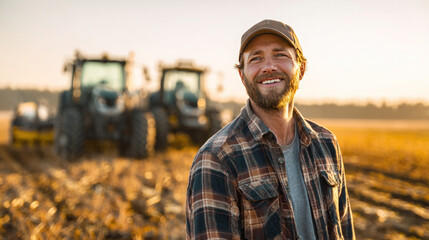 Young smiling farm worker wearing plaid shirt and cap, standing proudly in open farmland with a modern tractor behind, soft golden sunlight casting warm glow on the field