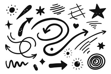 Obraz premium Hand-drawn doodle design elements with stars, arrows, suns, and hearts for a creative, artistic, and whimsical look for decoration and graphic projects.