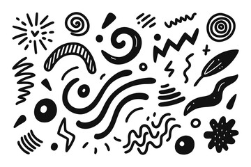 Playful hand-drawn elements in black and white create a whimsical doodle pattern, perfect for adding a fun touch to backgrounds, website designs, or branding projects.