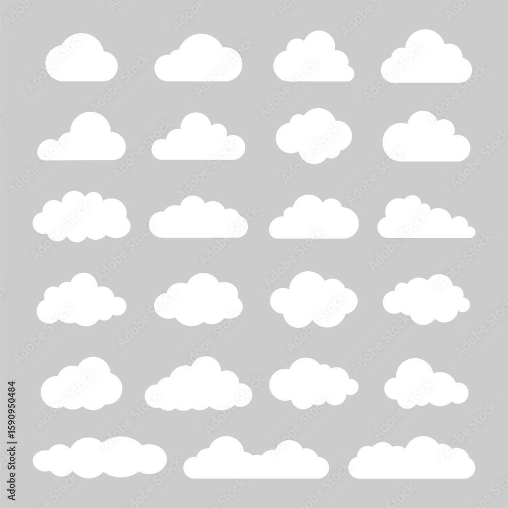 Poster collection of white clouds on a grey background. various cloud shapes. clouds in different forms. si