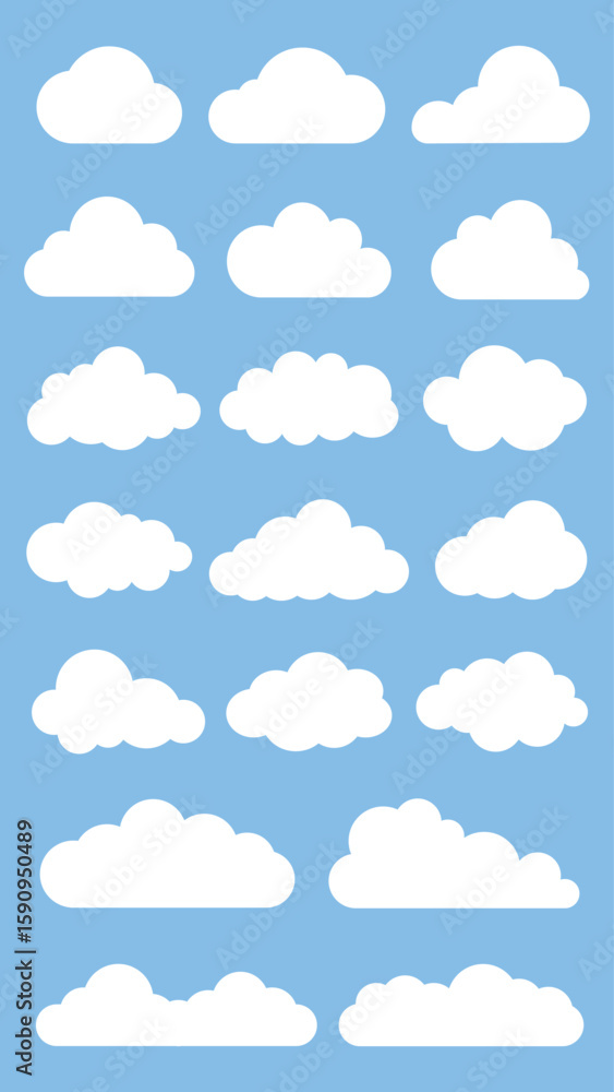 Poster collection of white clouds on a blue background. various cloud shapes. clouds in different forms. si