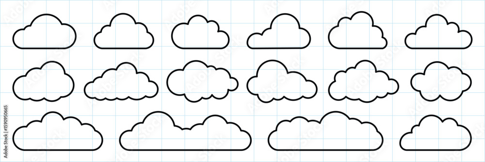 Aufkleber set of cloud outlines on graph paper. cloud shapes vary in size and style. simple cloud designs, per