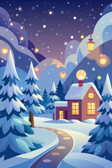 Fototapeta premium Enchanting winter scene with a cozy house and snow-covered pine trees, perfect for seasonal greeting cards and festive backgrounds.