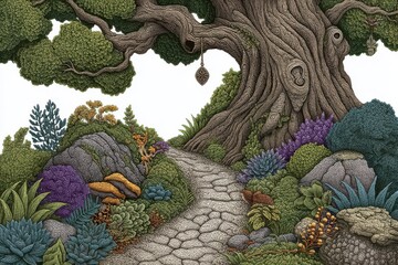 Fototapeta premium Pixel Art Path Through a Lush Garden with a Large Tree
