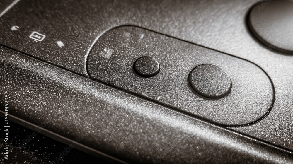 Poster close-up view of control buttons on a dark gray device.