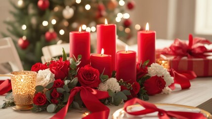 Festive table setting with red candles, roses, and ribbons, illuminated by a blurred Christmas tree in the background.  A presents sit to the right