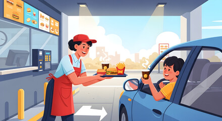 Friendly drive-thru worker handing delicious fast food meal to happy customer in blue car on sunny day