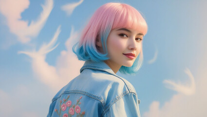Portrait of a woman with colorful hair pink and blue denim jacket clouds sky fashion beauty style trendy
