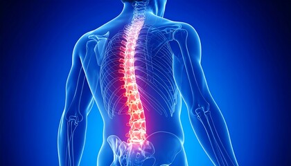 3D medical illustration of a human spine with highlighted pain area