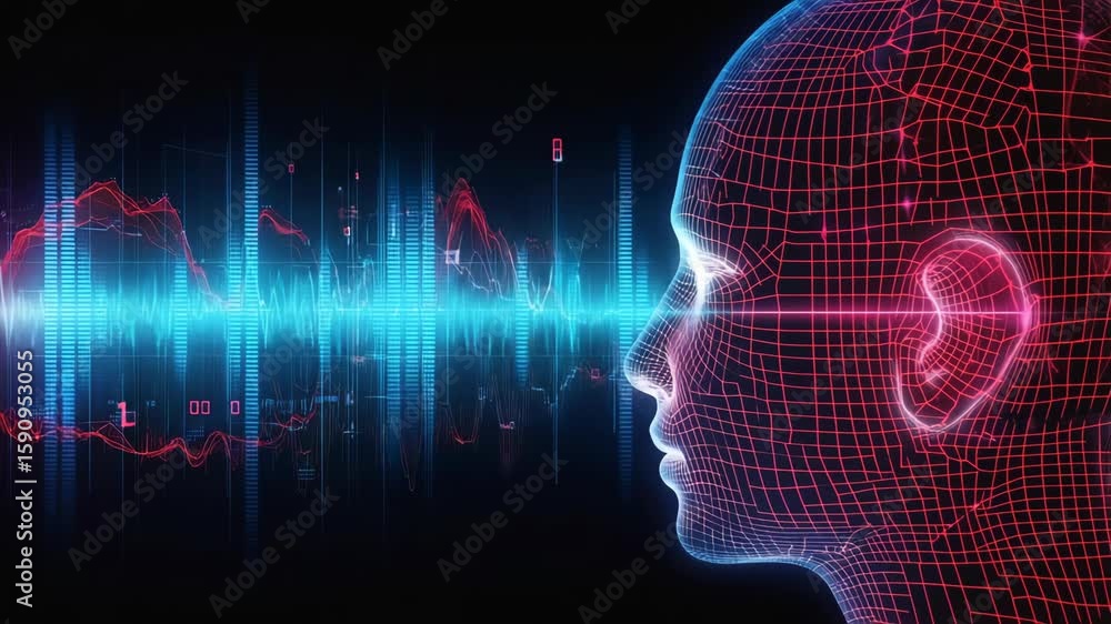 Poster neon digital human face with glowing audio waveform, symbolizing voice ai interface, futuristic comm