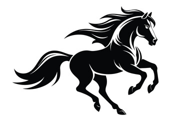 Obraz premium Silhouette of Galloping Black Horse with Flowing Mane and Tail on White Background