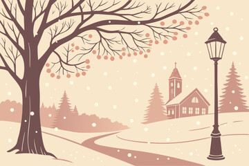 Naklejka premium A peaceful winter scene featuring a church, snowy landscape, bare tree, and old-fashioned street lamp, perfect for seasonal designs.