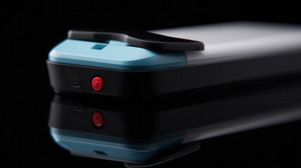 Close-up of a light teal and black electronic device.