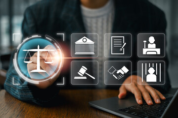 Digital interface showcasing law icons such as scales, gavel, and legal documents, symbolizing...