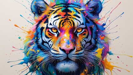 Colorful tiger art painting illustration animal wildlife predator feline big cat splash vibrant design