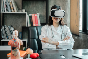 A female doctor wearing a VR headset in a medical office, exploring virtual reality for healthcare...
