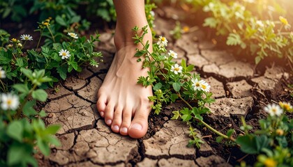 Artistic Close Up Barefoot on Cracked Earth with Daisies and Greenery