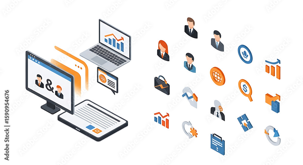 Poster isometric view of business related icons with computer laptop and tablet on a white background - ai 