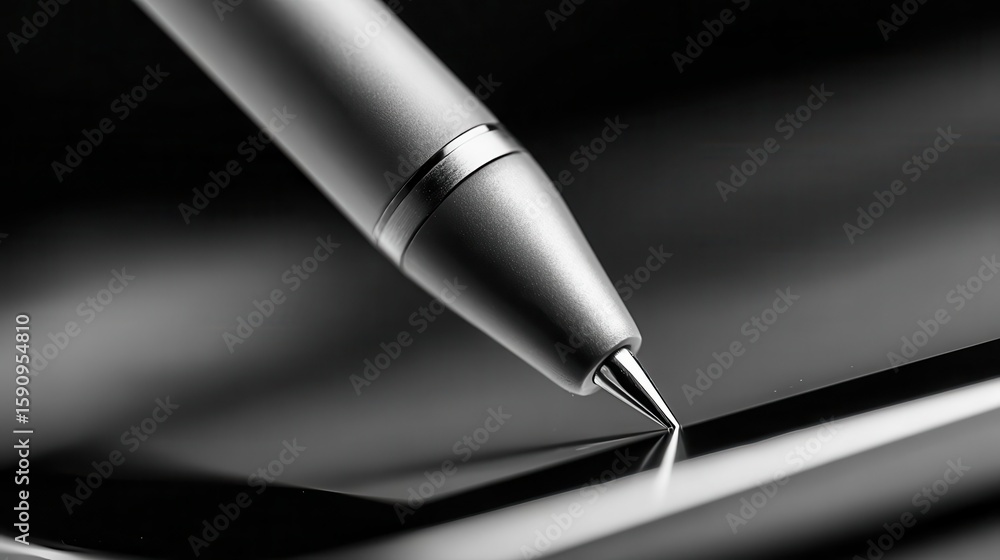 Poster close-up of a metallic pen tip resting on a surface.