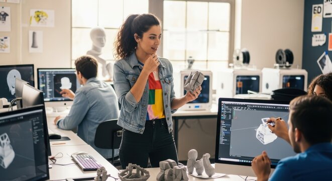 A young woman stands in a design studio, holding a 3D printed object, while other designers work at computers with 3D modeling software.