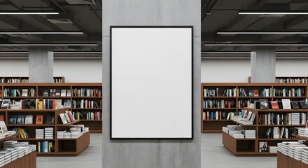 Blank Poster Frame Mockup in Modern Bookstore Interior Display