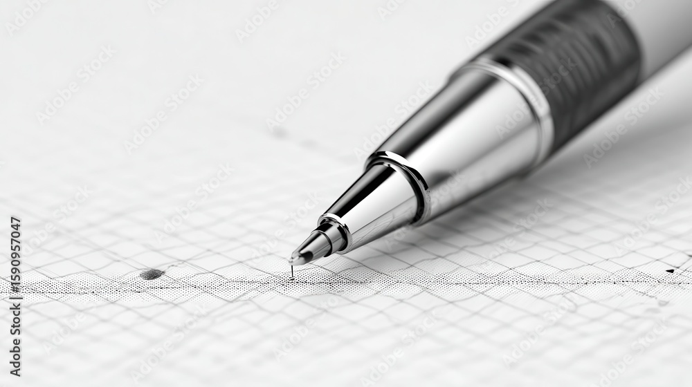 Poster close-up of a pen resting on a gridded page.