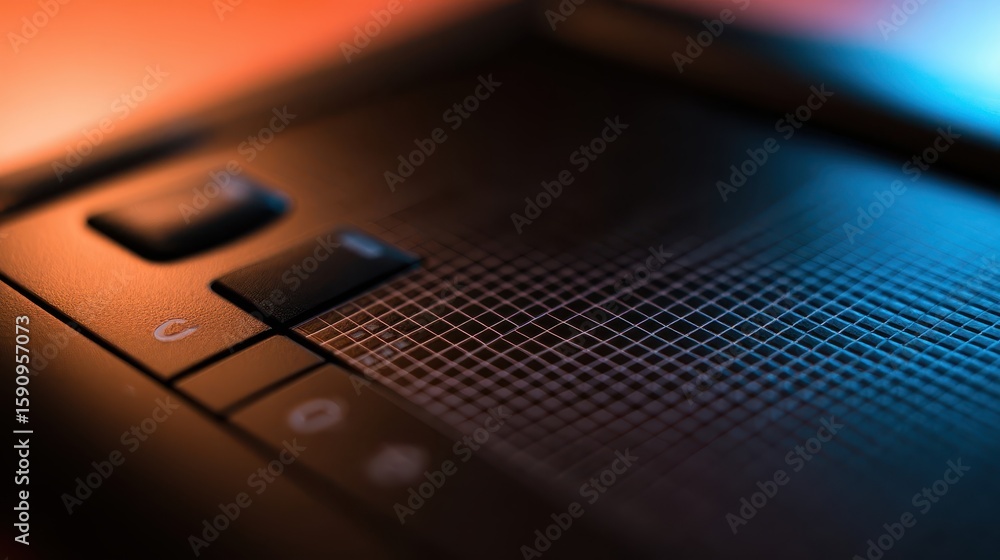 Poster close-up view of a dark control panel with buttons and a grid pattern.