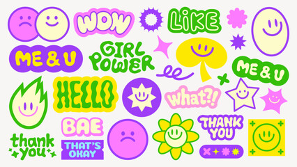 Colorful stickers with phrases like YOLO, OMG, and awesome Fun, playful, and vibrant designs with smiley faces and quirky expressions on a purple background Funky stickers, vector set