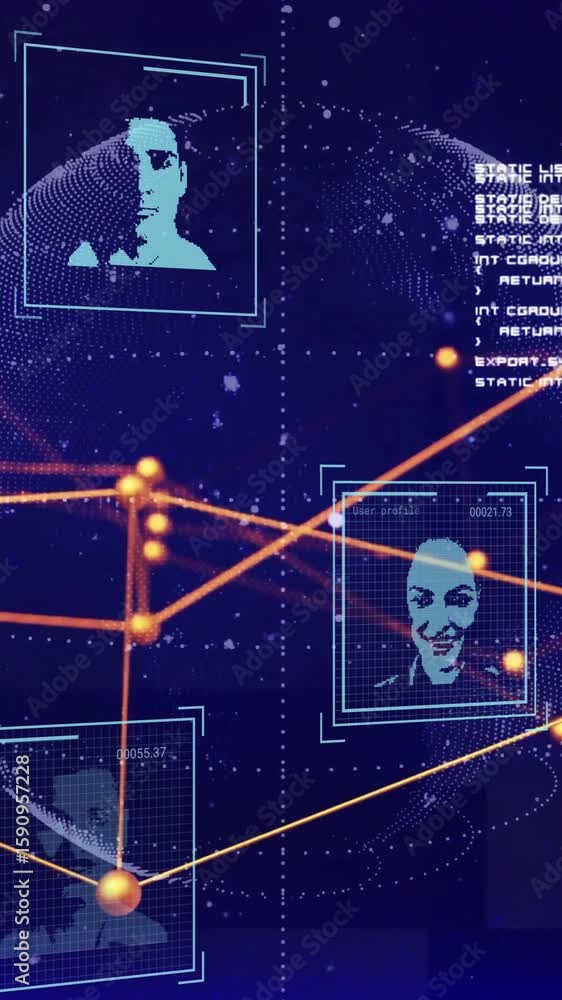 Poster animation of connections and data processing with portraits over globe on black background