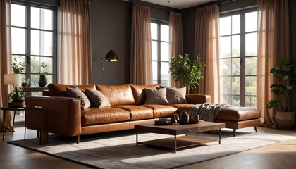 Brown Leather Sectional Sofa in Modern Living Room with Sunlight