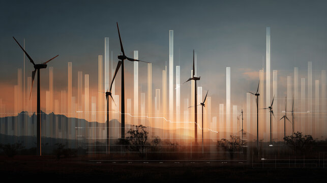 wind turbines at sunset generating renewable energy with futuristic data charts graphs and statistics overlay showing electricity output performance and sustainability analytics in rural landscape - Powered by Adobe