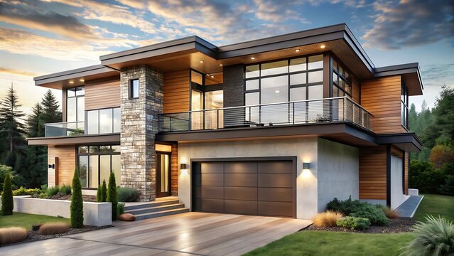 Modern house with wood and stone facade under a cloudy sky