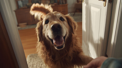 A person being greeted by a happy dog at the door.	A person opens their front door to be greeted by their ecstatically happy dog, wagging its tail and jumping with joy.
