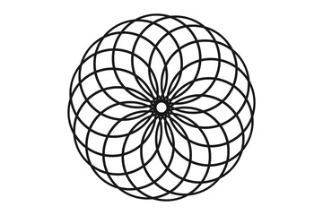 Abstract radial flower pattern with interwoven overlapping curved lines, black mandala shape