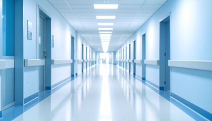 Long, bright hospital hallway with doors and handrails, leading to the light.